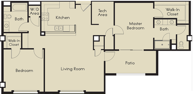 Floor plan for 2 beds, 2 baths, 1296 sqft